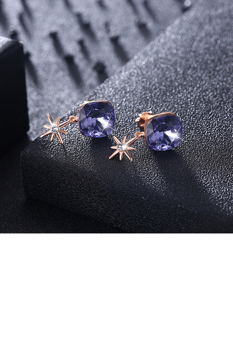 925 Sterling Silver Fashion Elegant Star and Geometric Sqaure Earrings with Purple Austrian Element Crystal