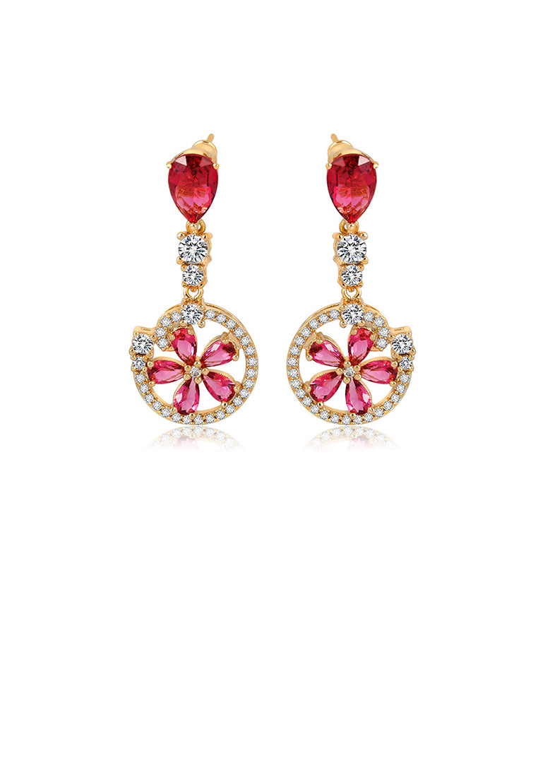 Fashion and Elegant Plated Gold Round Flower Earrings with Rose Red Cubic Zirconia - Luxurious Look - Vibrant Color