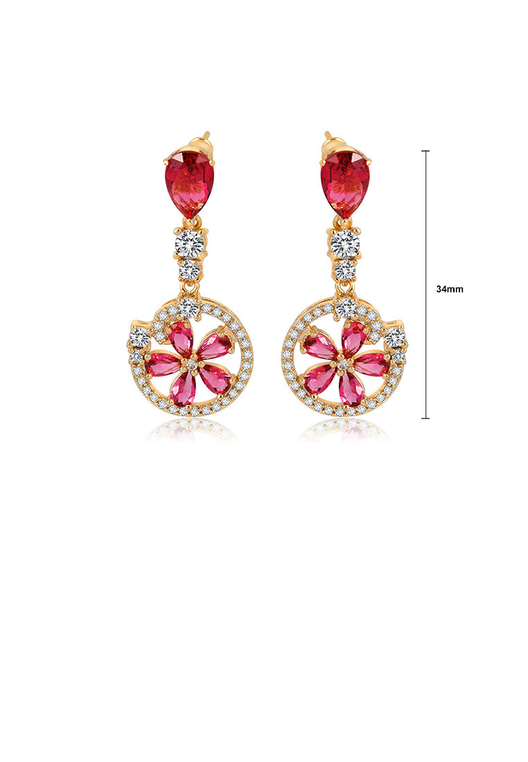 Fashion and Elegant Plated Gold Round Flower Earrings with Rose Red Cubic Zirconia - Luxurious Look - Vibrant Color