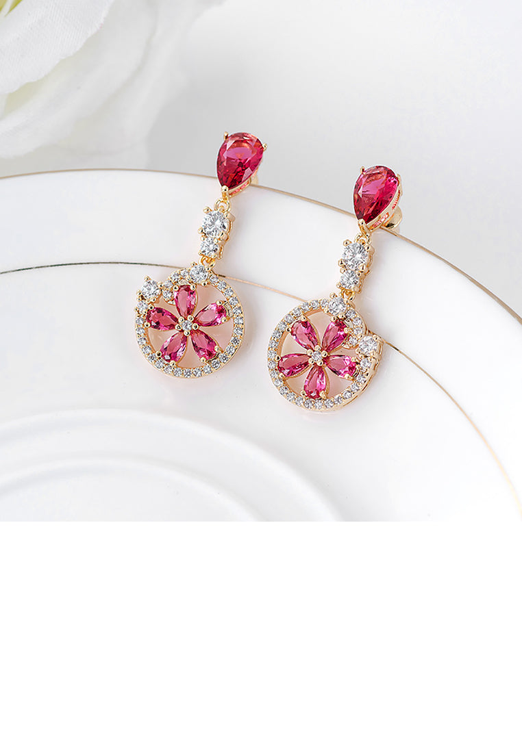 Fashion and Elegant Plated Gold Round Flower Earrings with Rose Red Cubic Zirconia - Luxurious Look - Vibrant Color