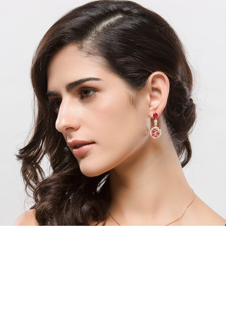 Fashion and Elegant Plated Gold Round Flower Earrings with Rose Red Cubic Zirconia - Luxurious Look - Vibrant Color