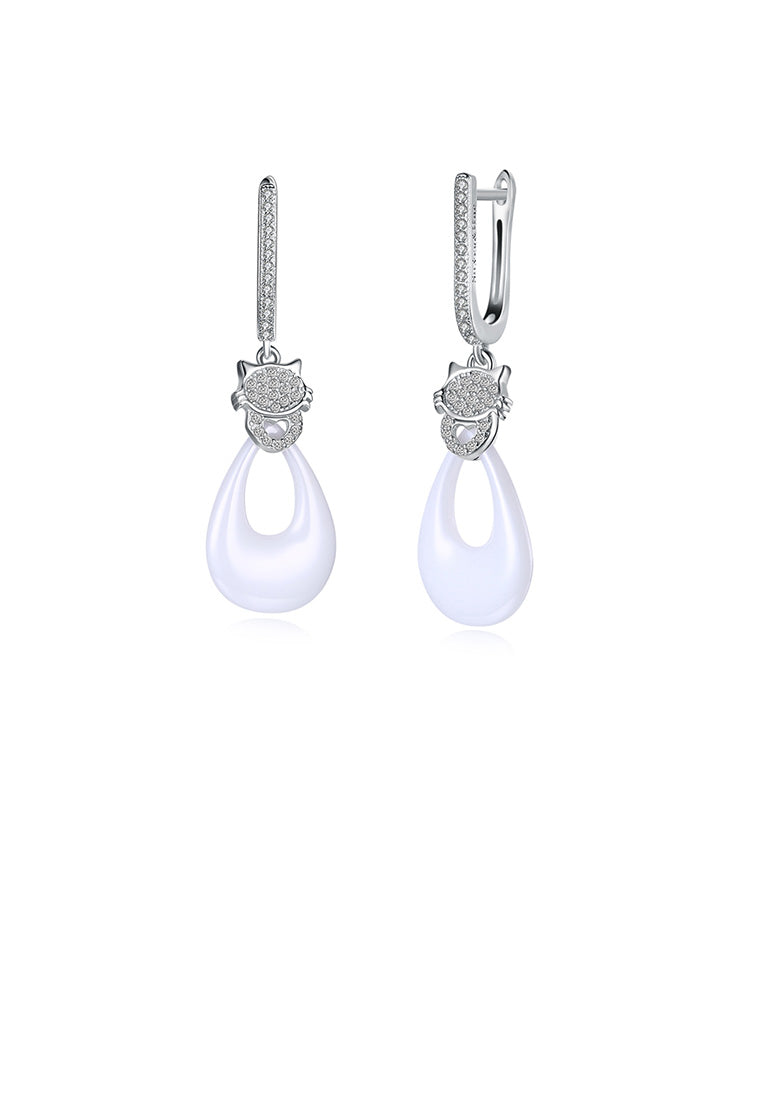 925 Sterling Silver Elegant Cat Water Drop Earrings with White Ceramic and Austrian Element Crystal