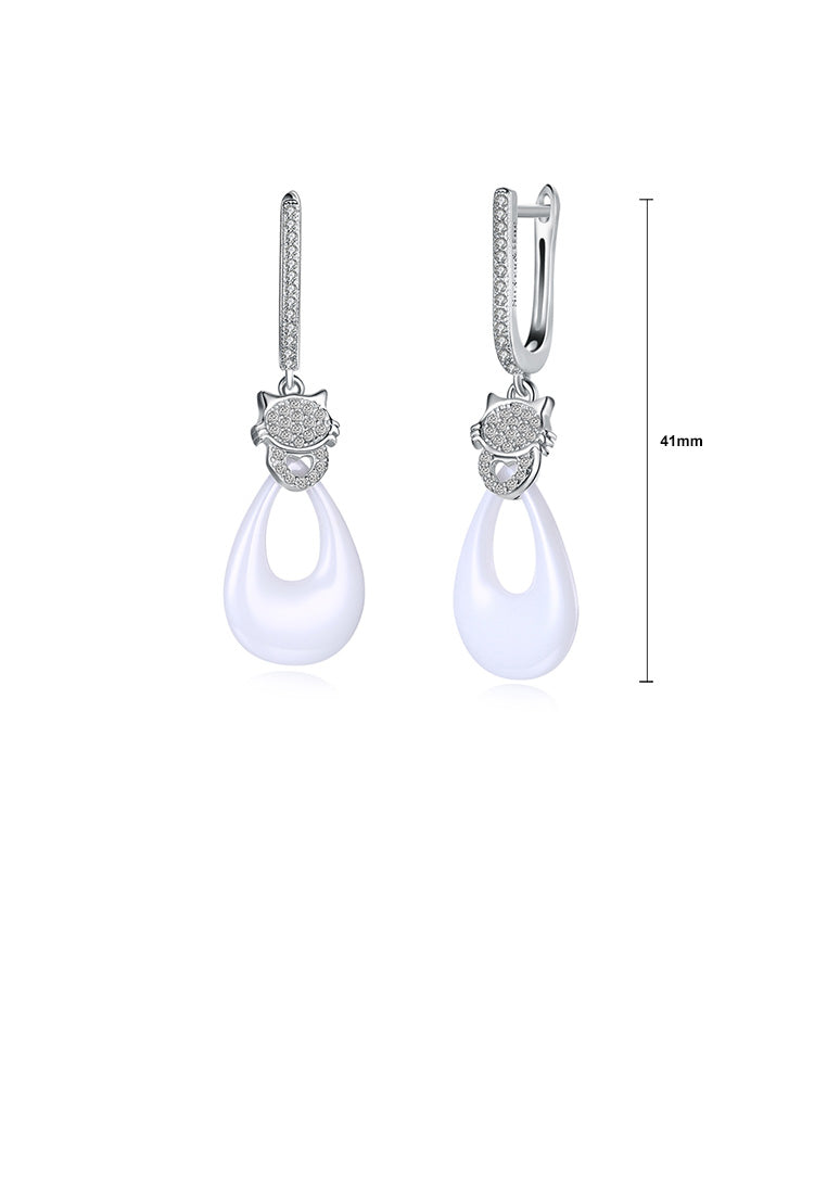925 Sterling Silver Elegant Cat Water Drop Earrings with White Ceramic and Austrian Element Crystal