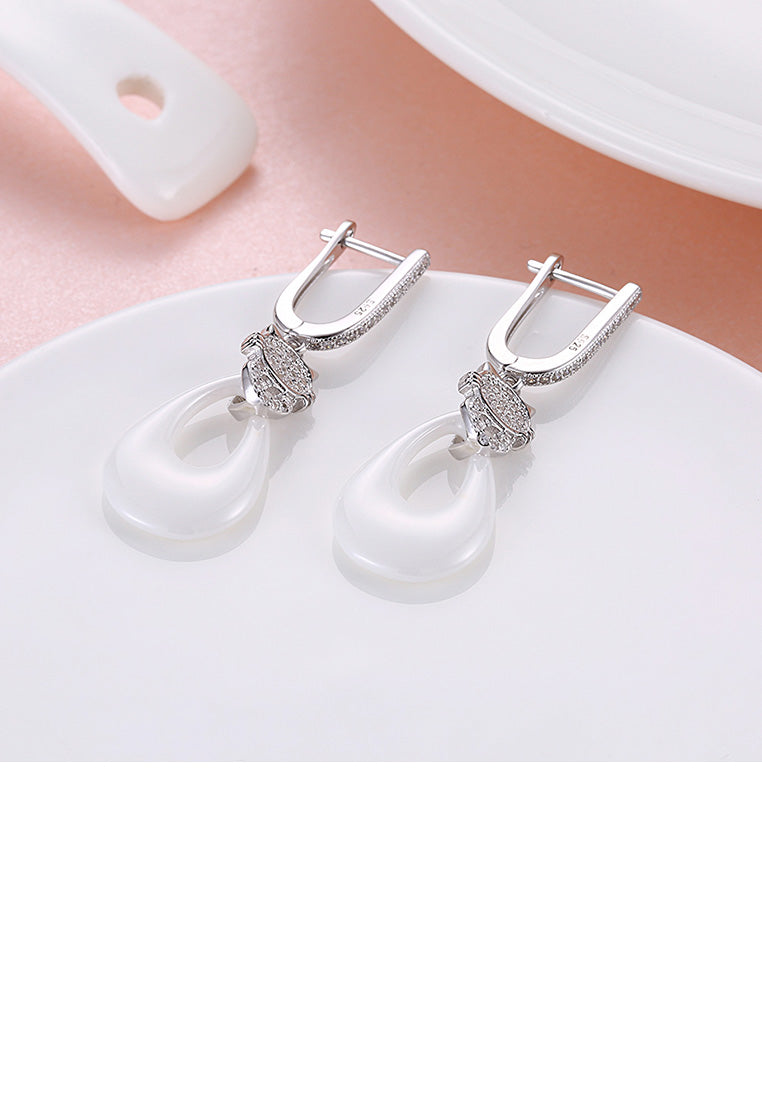 925 Sterling Silver Elegant Cat Water Drop Earrings with White Ceramic and Austrian Element Crystal