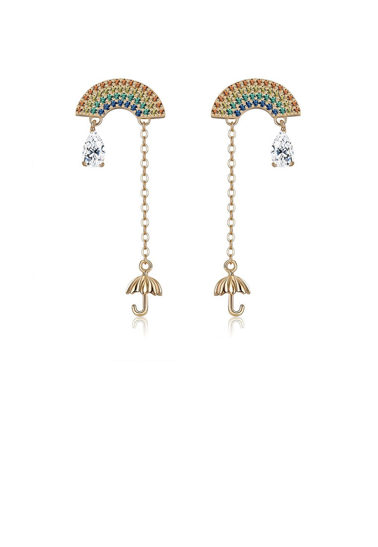925 Sterling Silver Plated Gold Fashion Rainbow Umbrella Tassel Cubic Zircon Earrings