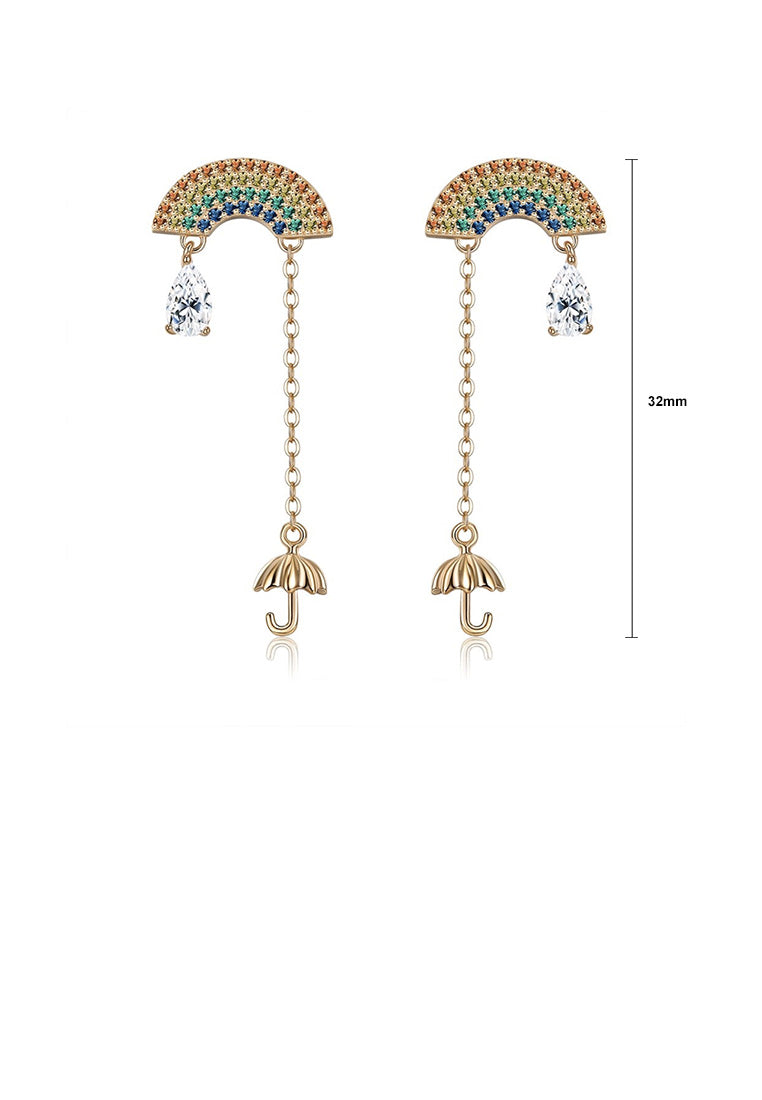 925 Sterling Silver Plated Gold Fashion Rainbow Umbrella Tassel Cubic Zircon Earrings