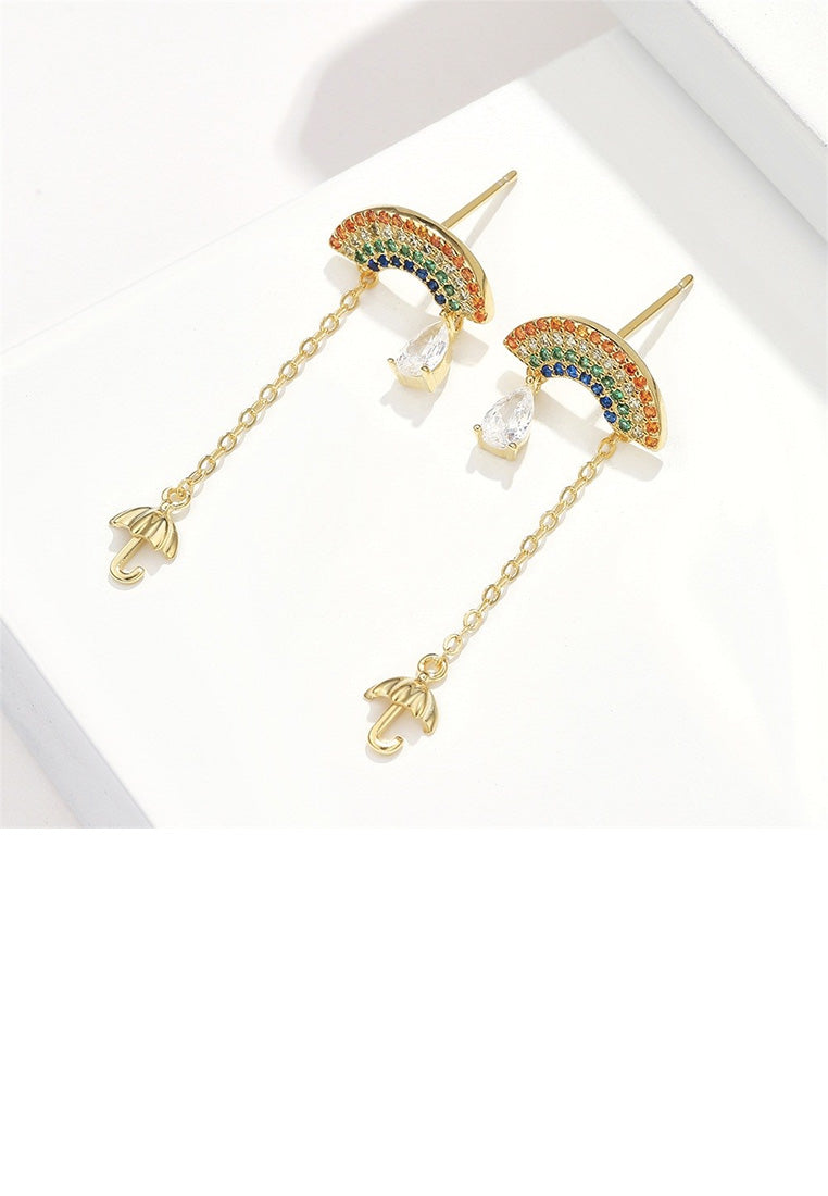 925 Sterling Silver Plated Gold Fashion Rainbow Umbrella Tassel Cubic Zircon Earrings