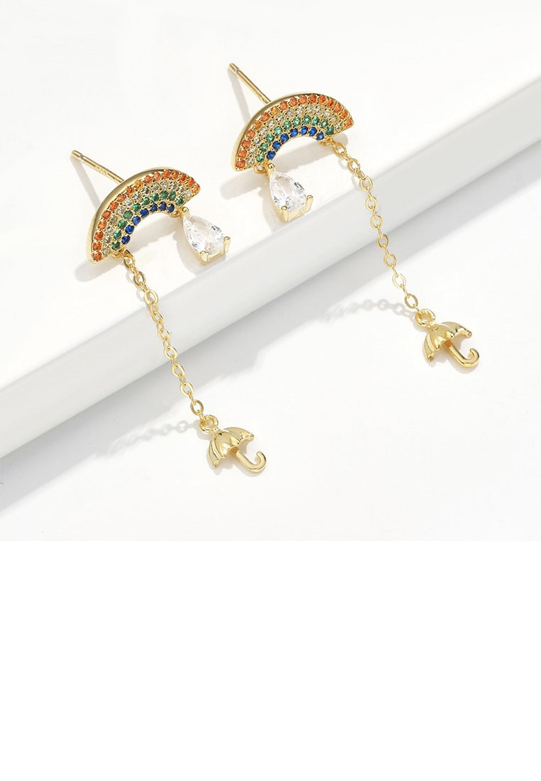 925 Sterling Silver Plated Gold Fashion Rainbow Umbrella Tassel Cubic Zircon Earrings