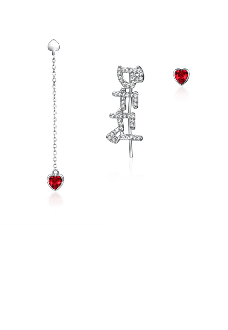 925 Sterling Silver Fashion Letter BFFI and Red Heart-shaped Asymmetric Stud Earrings with Austrian Element Crystal - Vibrant Color