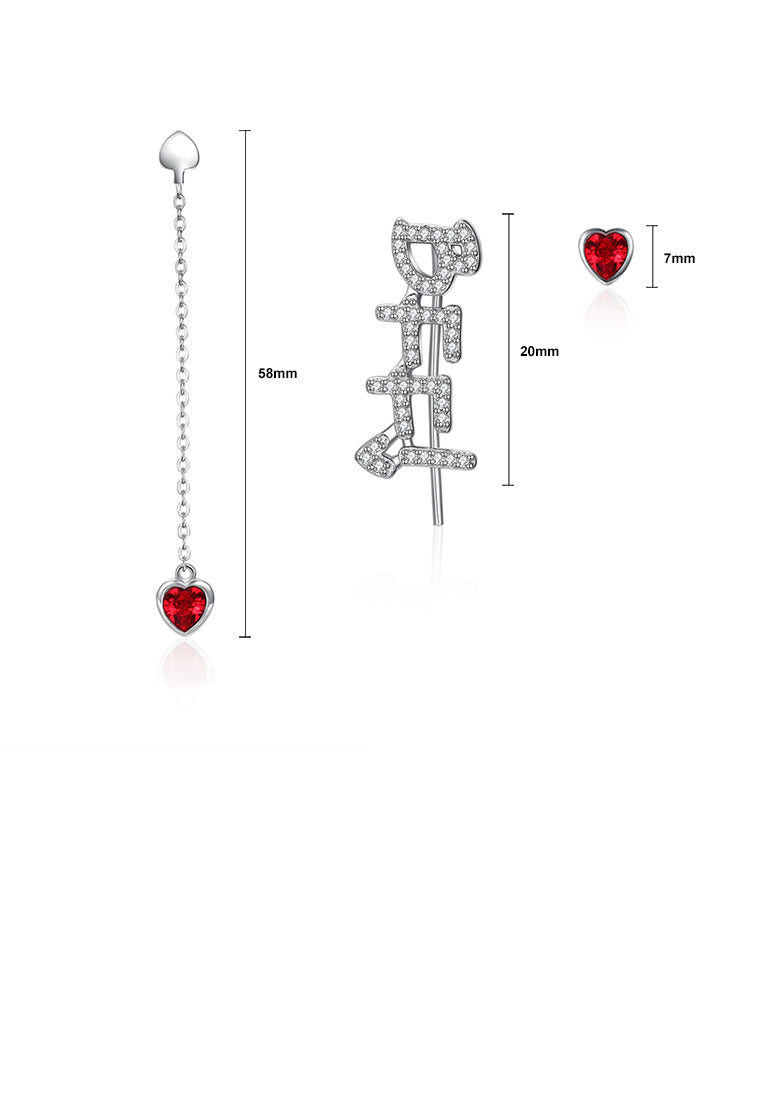 925 Sterling Silver Fashion Letter BFFI and Red Heart-shaped Asymmetric Stud Earrings with Austrian Element Crystal - Vibrant Color