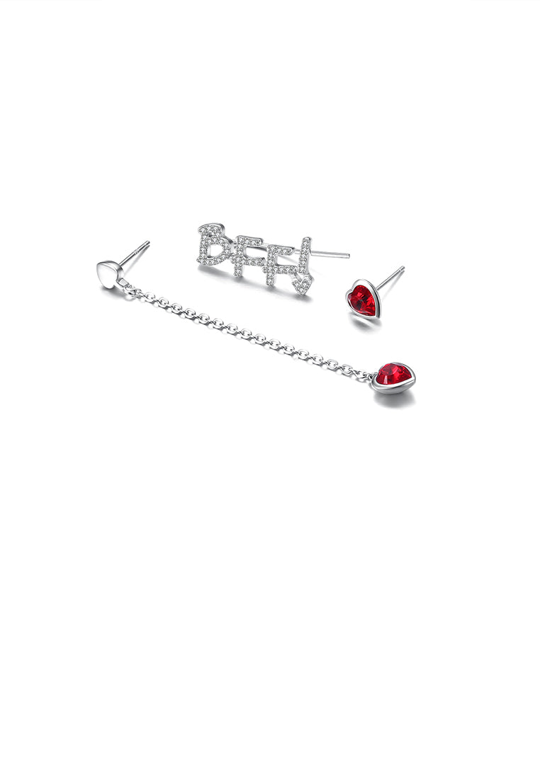 925 Sterling Silver Fashion Letter BFFI and Red Heart-shaped Asymmetric Stud Earrings with Austrian Element Crystal - Vibrant Color