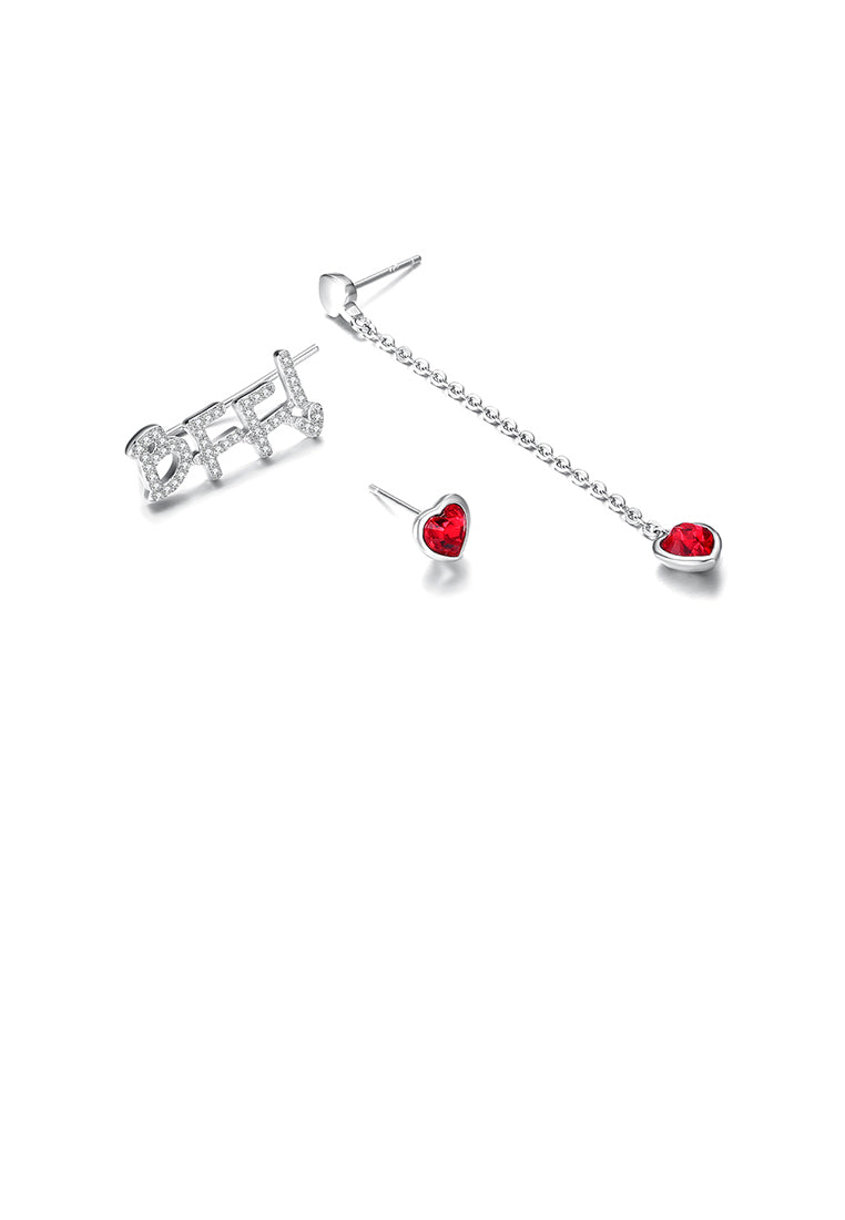 925 Sterling Silver Fashion Letter BFFI and Red Heart-shaped Asymmetric Stud Earrings with Austrian Element Crystal - Vibrant Color
