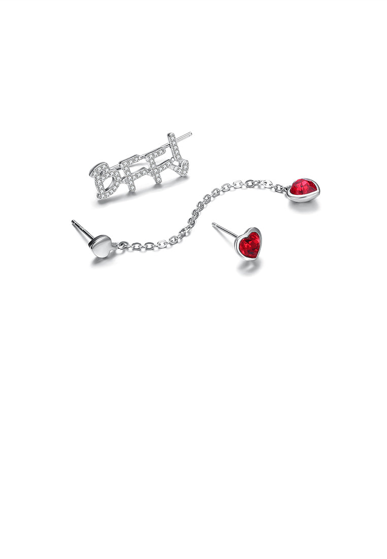 925 Sterling Silver Fashion Letter BFFI and Red Heart-shaped Asymmetric Stud Earrings with Austrian Element Crystal - Vibrant Color