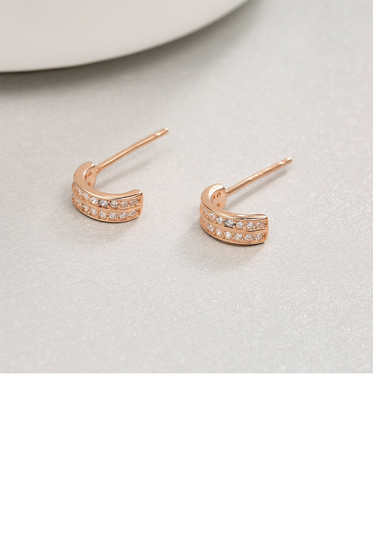 925 Sterling Silver Plated Rose Gold Simple Double Row Cubic Zircon Geometric Stud Earrings