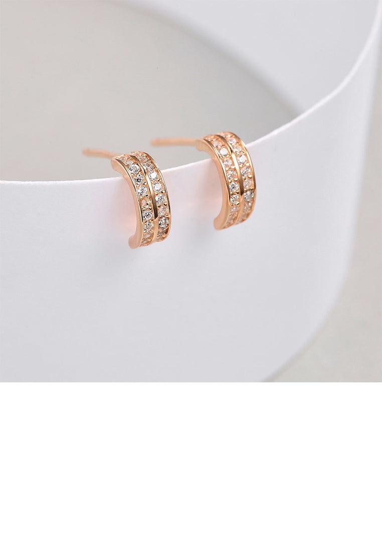 925 Sterling Silver Plated Rose Gold Simple Double Row Cubic Zircon Geometric Stud Earrings