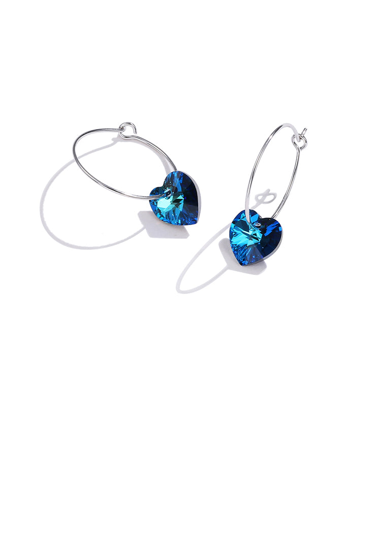 925 Sterling Silver Simple Fashion Circle Heart Shape Earrings with Blue Austrian Element Crystal