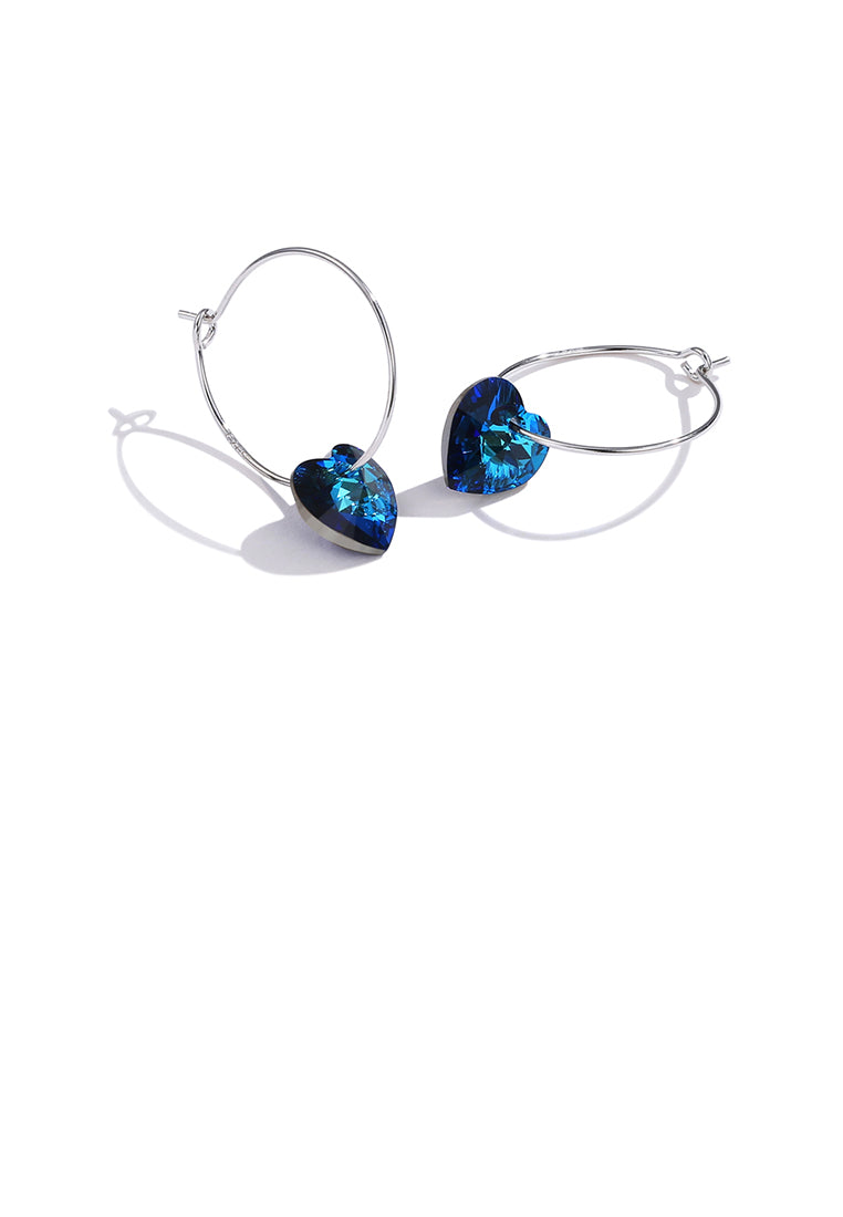 925 Sterling Silver Simple Fashion Circle Heart Shape Earrings with Blue Austrian Element Crystal