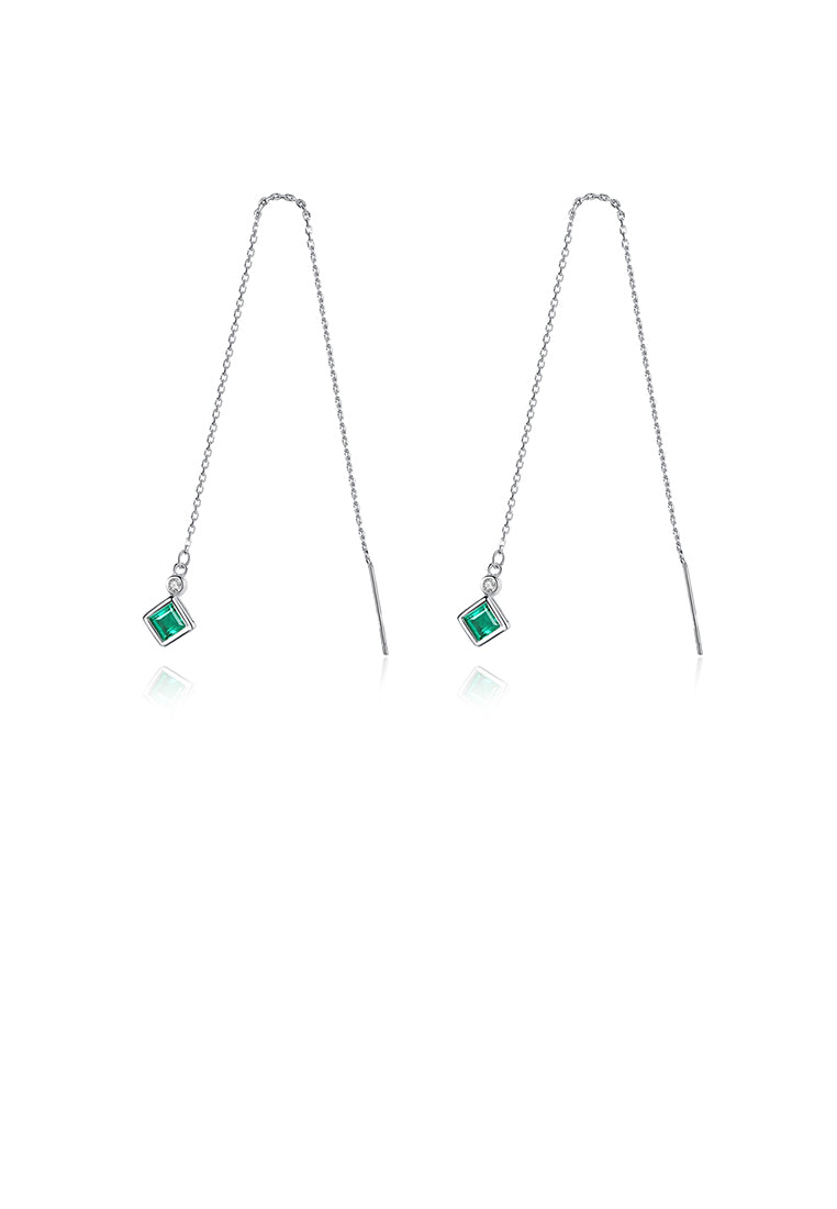 925 Sterling Silver Simple Fashion Geometric Diamond Tassel Earrings with Green Cubic Zirconia - Luxurious Look