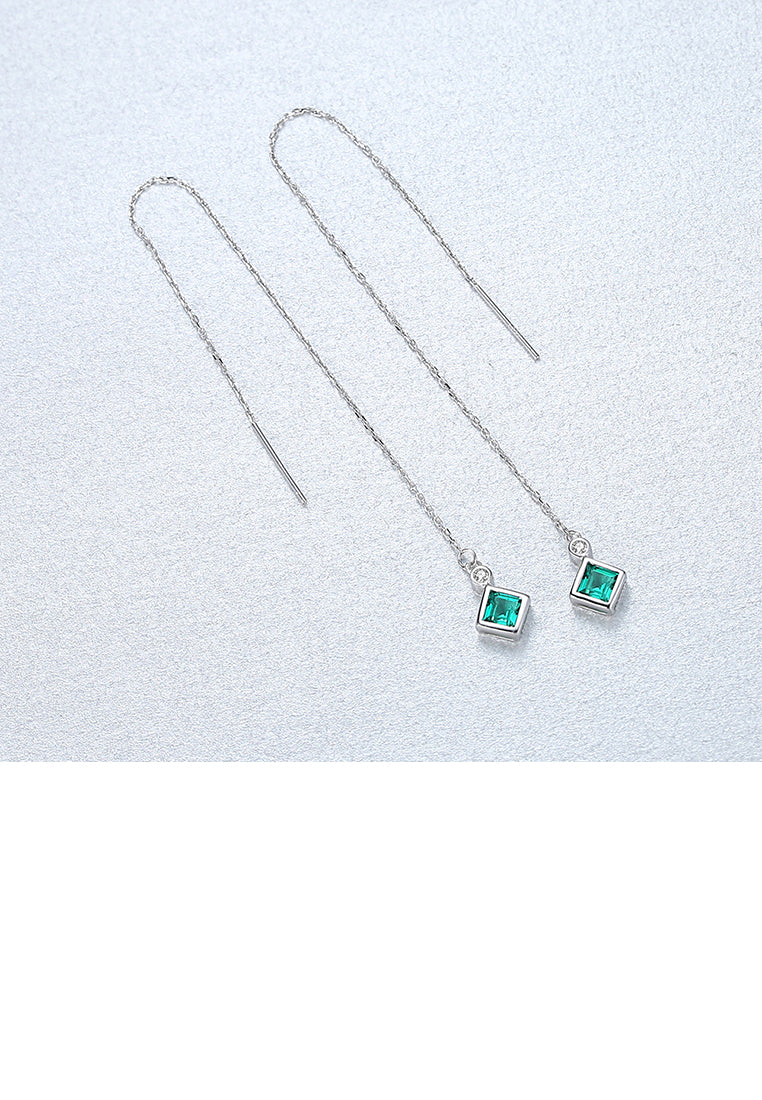 925 Sterling Silver Simple Fashion Geometric Diamond Tassel Earrings with Green Cubic Zirconia - Luxurious Look