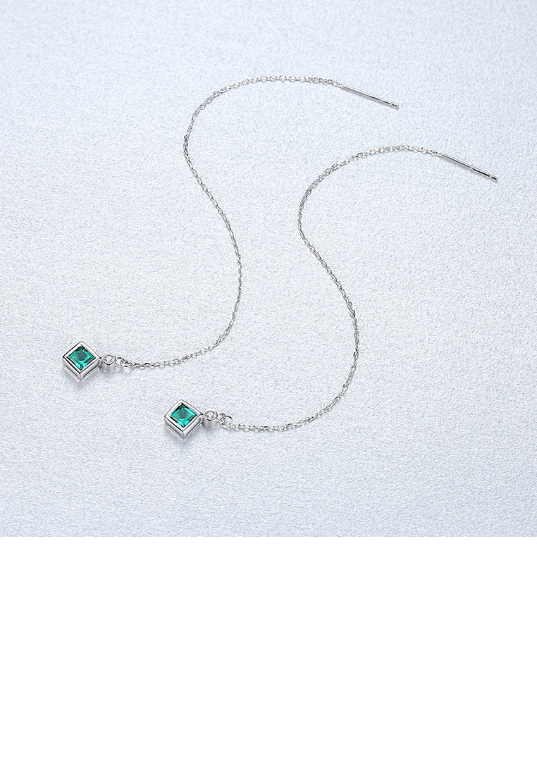 925 Sterling Silver Simple Fashion Geometric Diamond Tassel Earrings with Green Cubic Zirconia - Luxurious Look