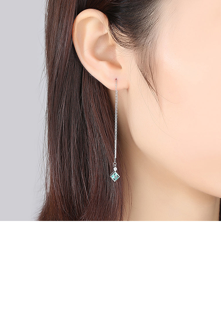 925 Sterling Silver Simple Fashion Geometric Diamond Tassel Earrings with Green Cubic Zirconia - Luxurious Look