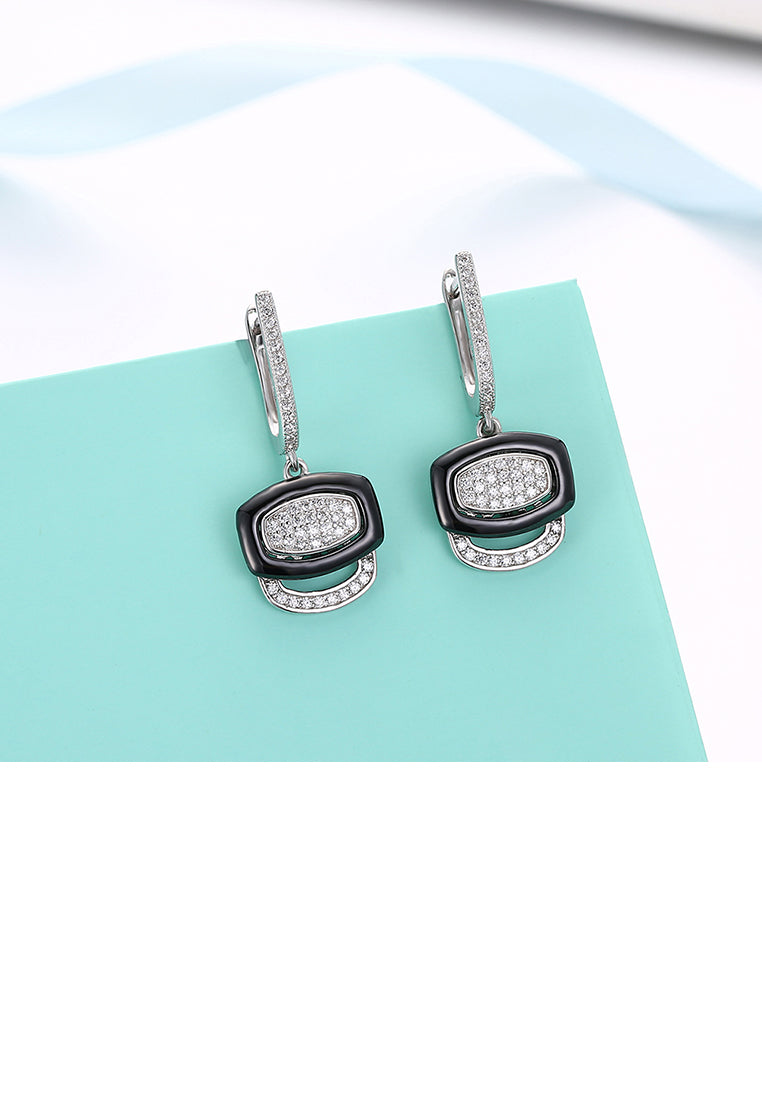 925 Sterling Silver Fashion Geometric Black Ceramic Cubic Zircon Earrings