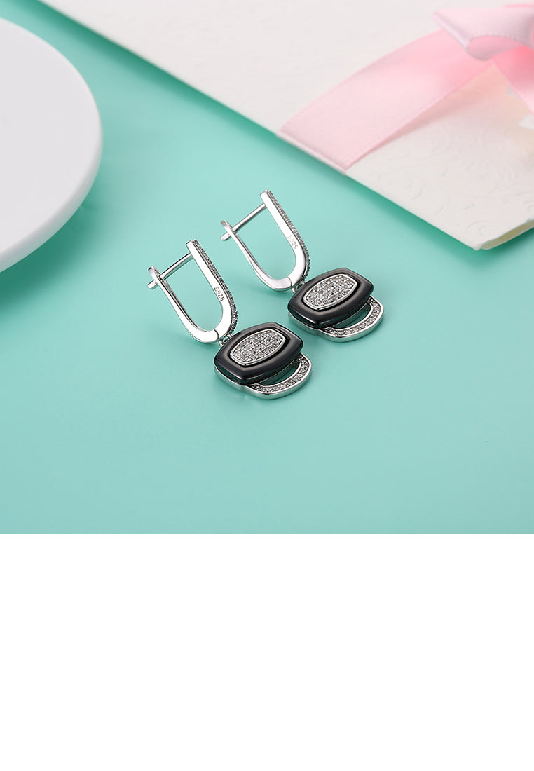 925 Sterling Silver Fashion Geometric Black Ceramic Cubic Zircon Earrings
