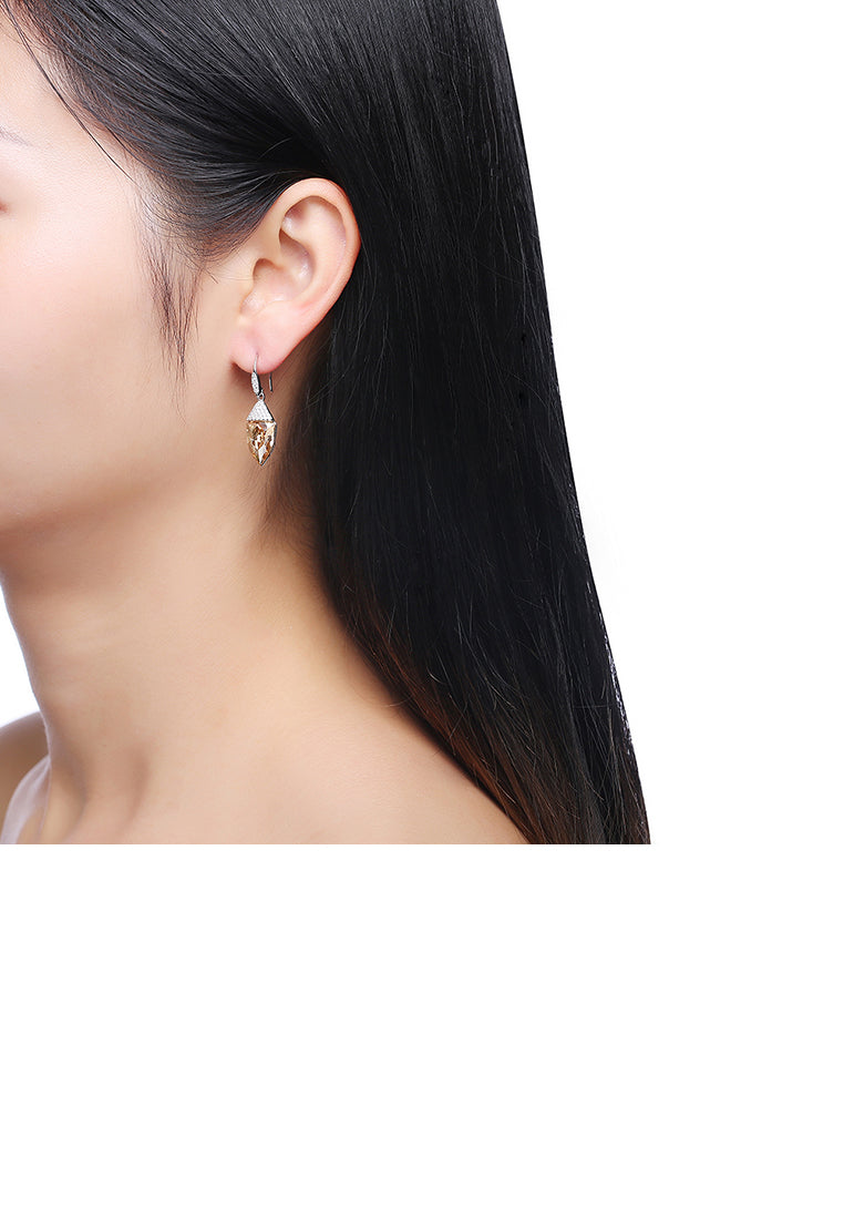 925 Sterling Silver Fashion Geometric Water Drop Shaped Golden Austrian Element Crystal Earrings