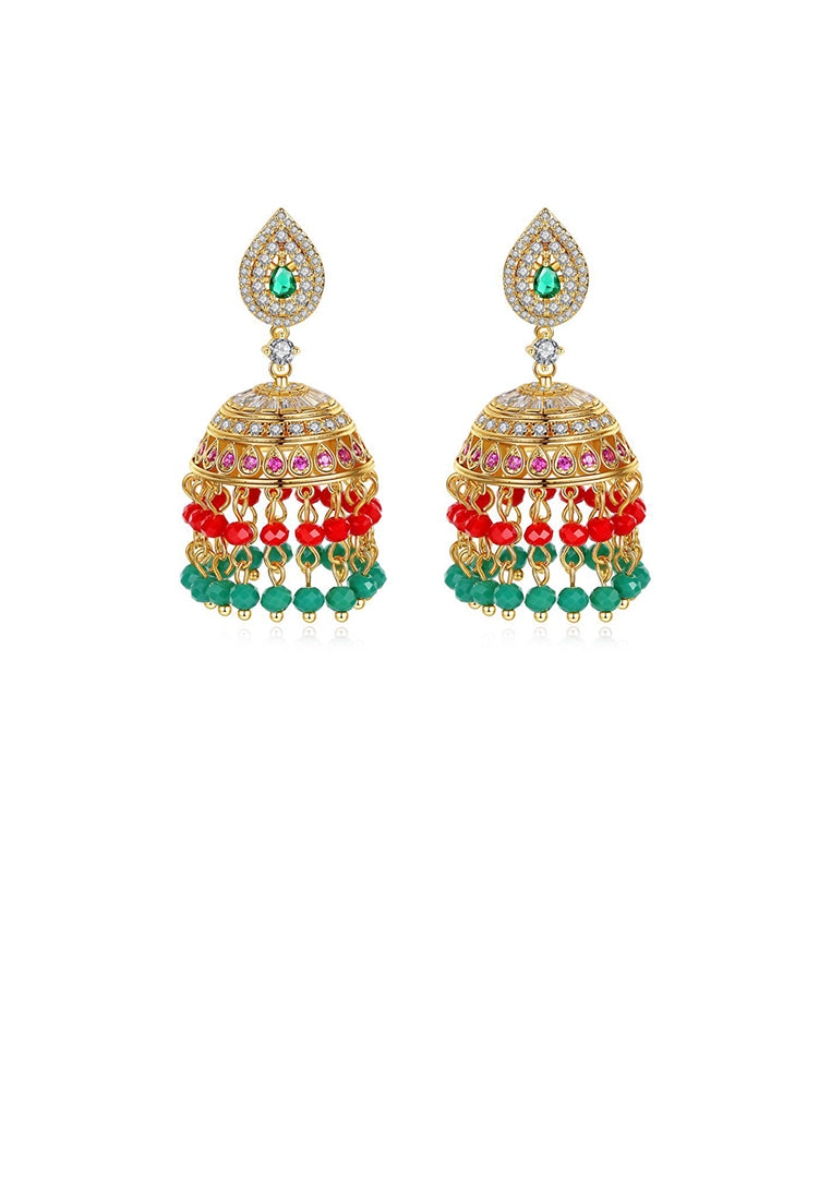 Vintage Ethnic Style Plated Gold Geometric Wind Chimes Tassel Green Cubic Zirconia Earrings - Luxurious Look