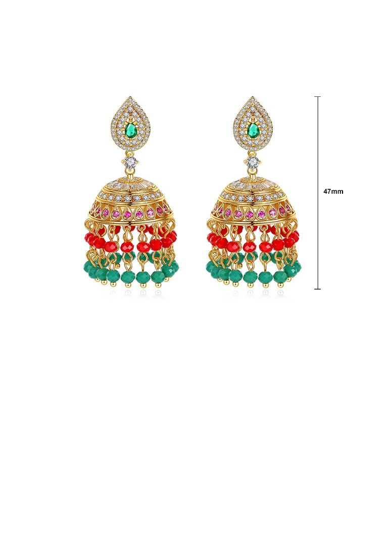 Vintage Ethnic Style Plated Gold Geometric Wind Chimes Tassel Green Cubic Zirconia Earrings - Luxurious Look