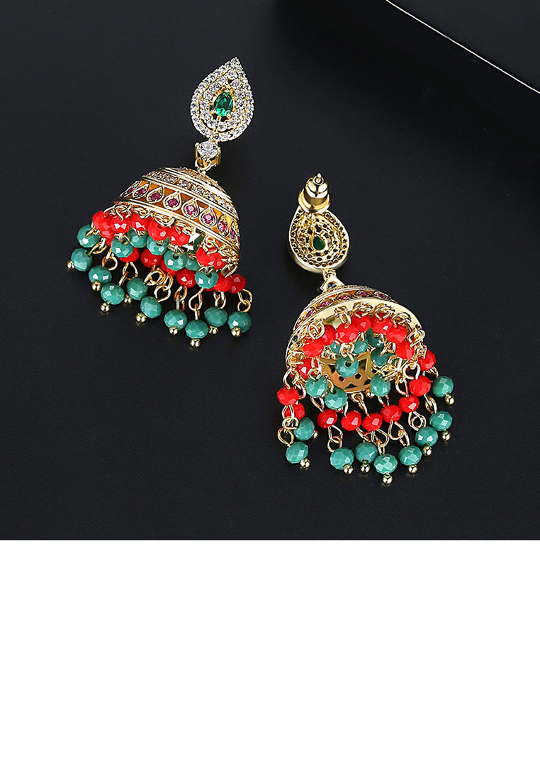 Vintage Ethnic Style Plated Gold Geometric Wind Chimes Tassel Green Cubic Zirconia Earrings - Luxurious Look