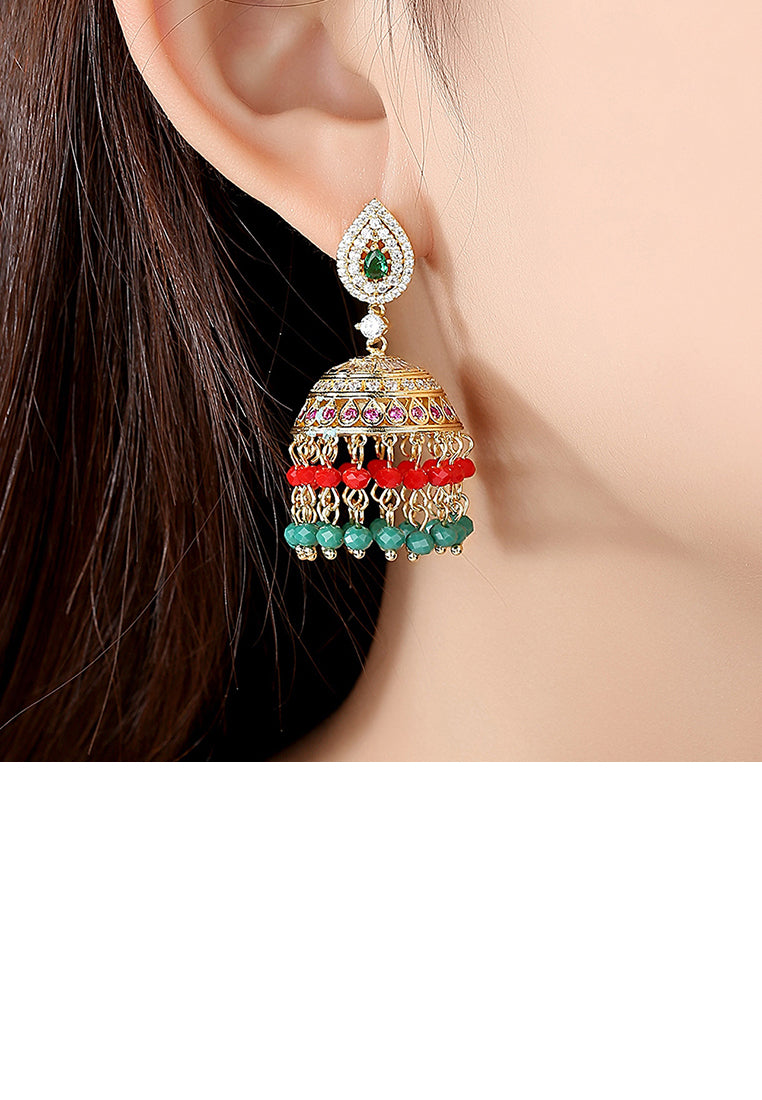 Vintage Ethnic Style Plated Gold Geometric Wind Chimes Tassel Green Cubic Zirconia Earrings - Luxurious Look