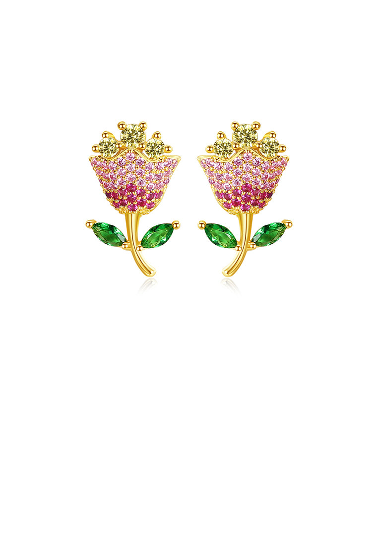 Fashion and Elegant Plated Gold Flower Stud Earrings with Colorful Cubic Zirconia - Luxurious Look