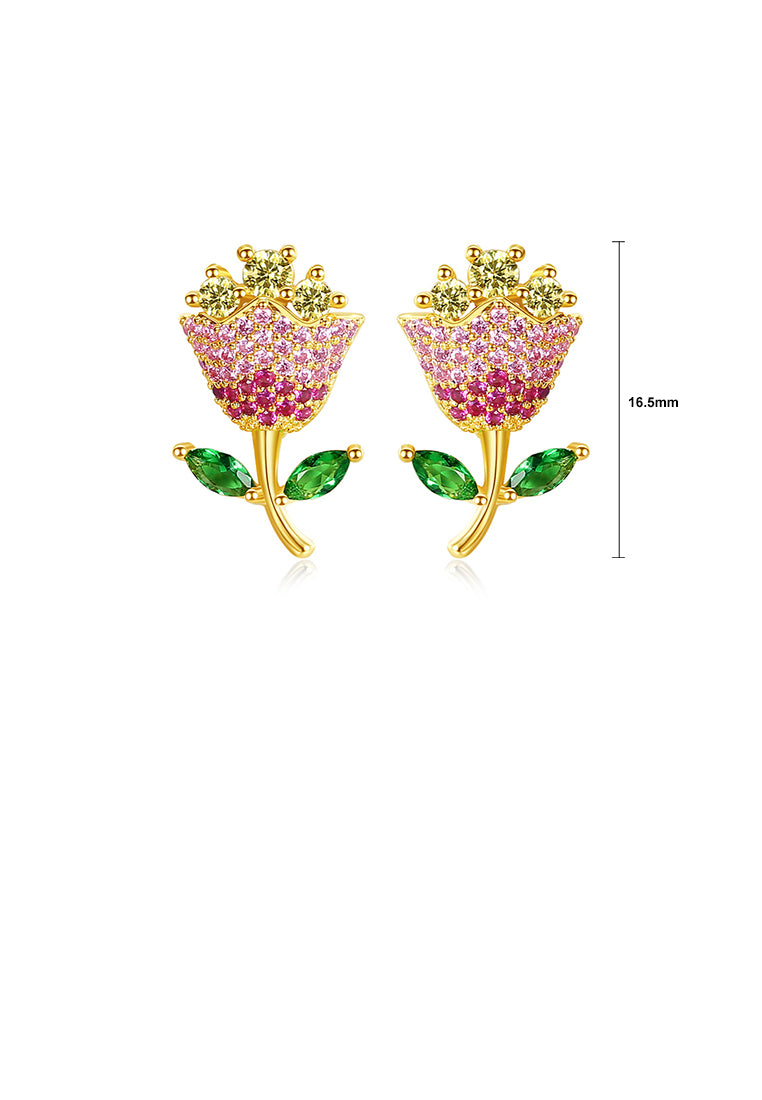 Fashion and Elegant Plated Gold Flower Stud Earrings with Colorful Cubic Zirconia - Luxurious Look
