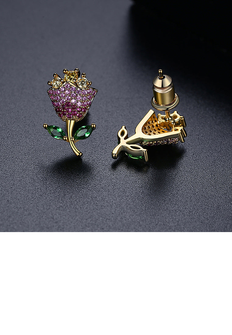 Fashion and Elegant Plated Gold Flower Stud Earrings with Colorful Cubic Zirconia - Luxurious Look
