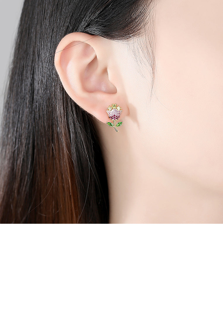 Fashion and Elegant Plated Gold Flower Stud Earrings with Colorful Cubic Zirconia - Luxurious Look