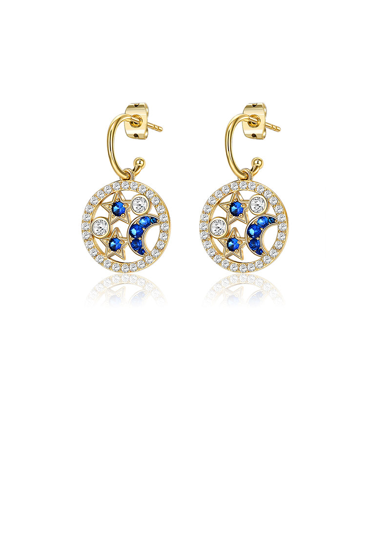 Fashion Bright Plated Gold Geometric Round Star Moon Earrings with Blue Cubic Zirconia - Luxurious Look