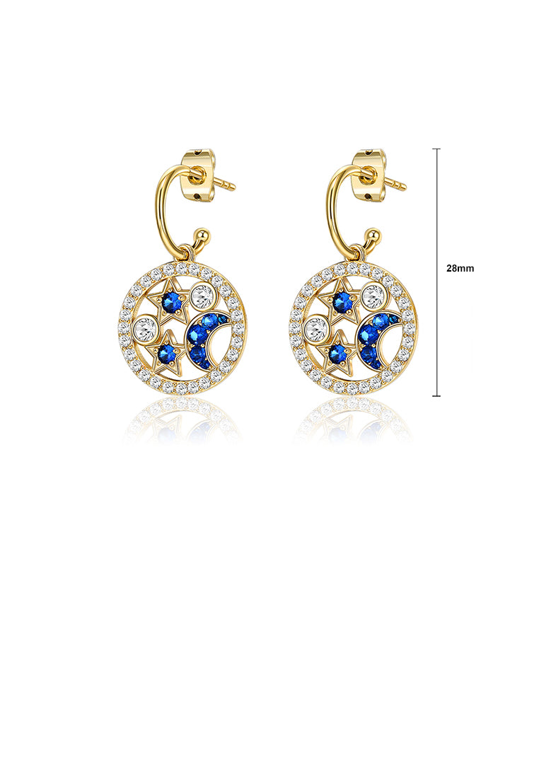 Fashion Bright Plated Gold Geometric Round Star Moon Earrings with Blue Cubic Zirconia - Luxurious Look