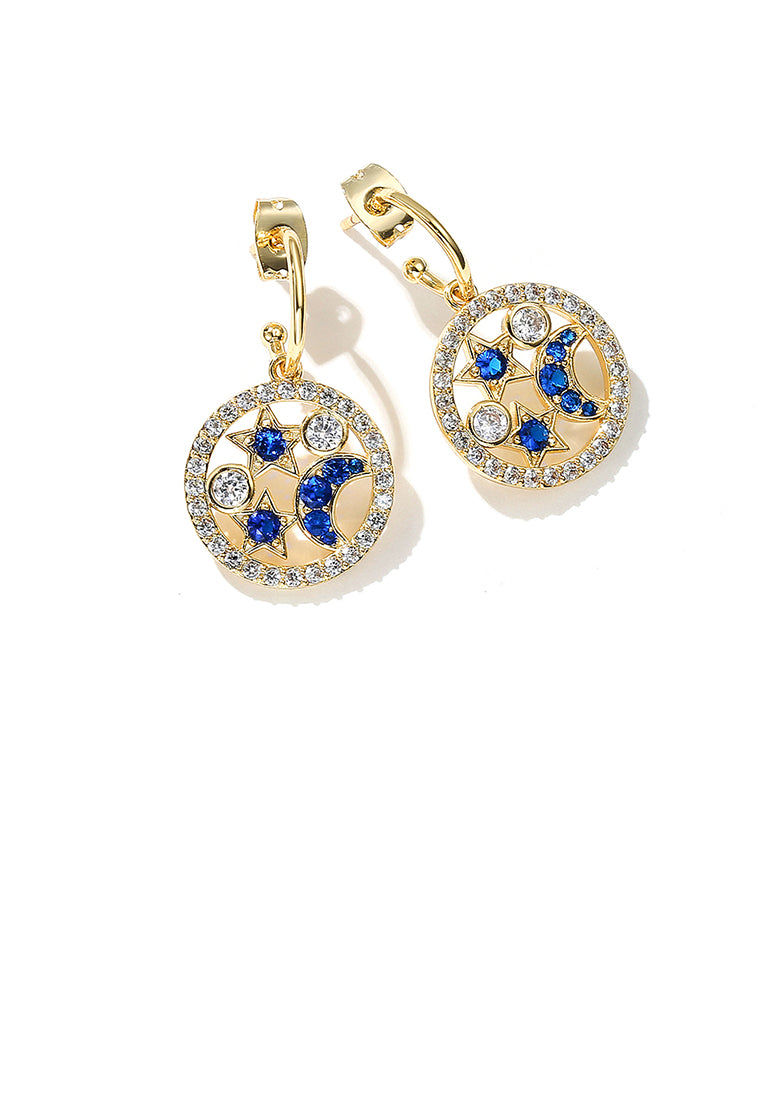 Fashion Bright Plated Gold Geometric Round Star Moon Earrings with Blue Cubic Zirconia - Luxurious Look