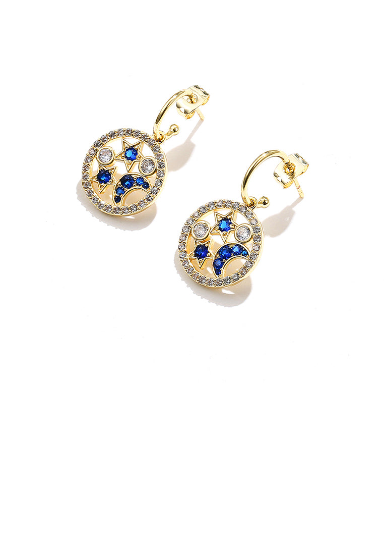 Fashion Bright Plated Gold Geometric Round Star Moon Earrings with Blue Cubic Zirconia - Luxurious Look