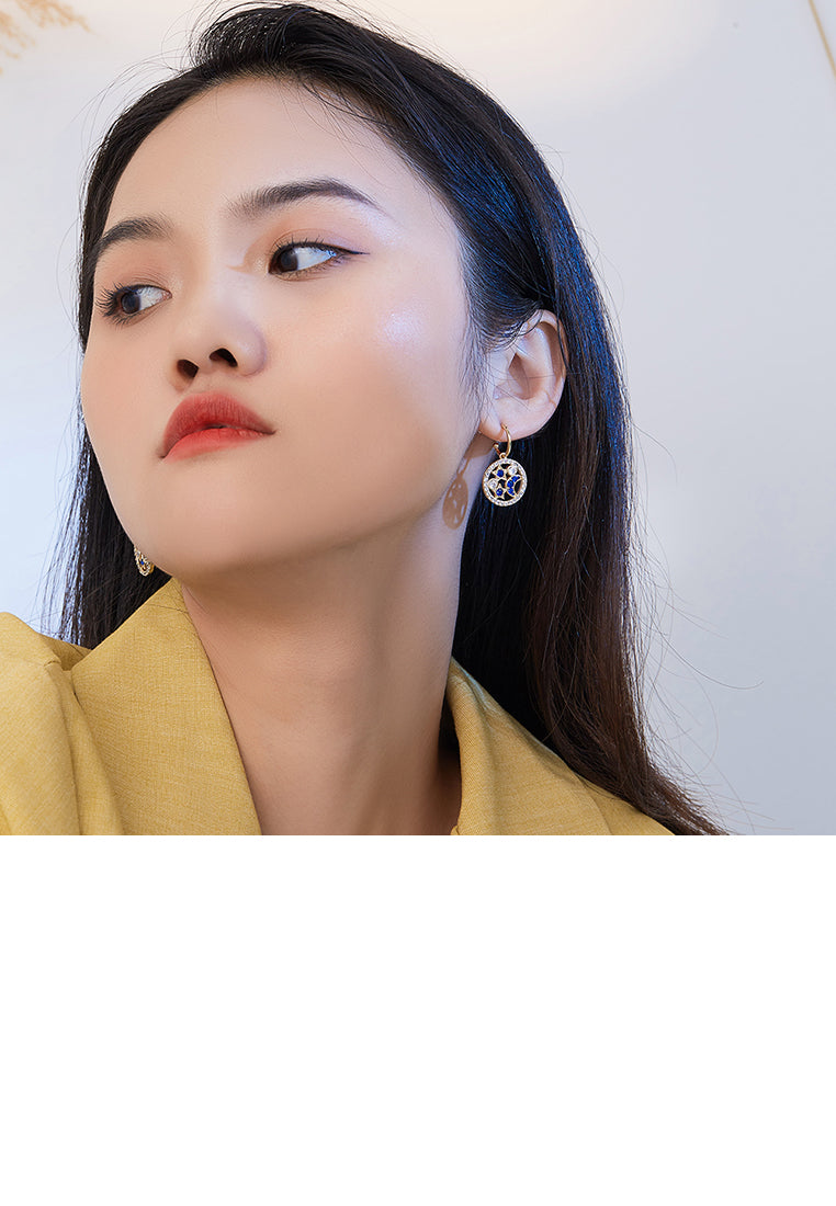 Fashion Bright Plated Gold Geometric Round Star Moon Earrings with Blue Cubic Zirconia - Luxurious Look