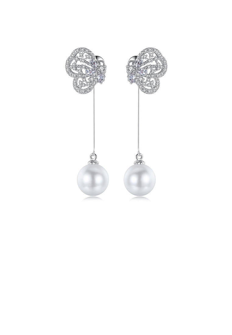 Fashion and Elegant Butterfly Tassel Imitation Pearl Earrings with Cubic Zirconia - Luxurious Look