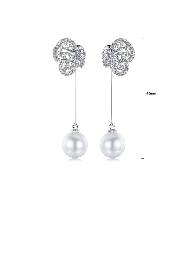 Fashion and Elegant Butterfly Tassel Imitation Pearl Earrings with Cubic Zirconia - Luxurious Look
