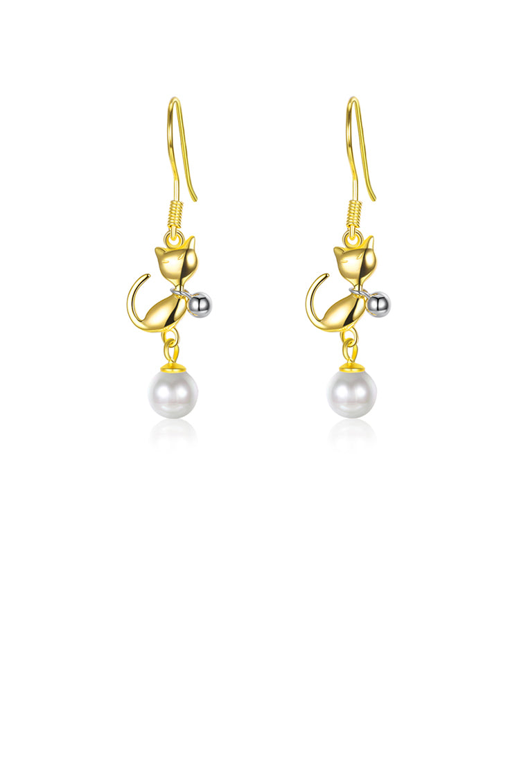 925 Sterling Silve Gold Plated Elegant Fashion Cute Cat Pearl Earrings - Luxurious Look