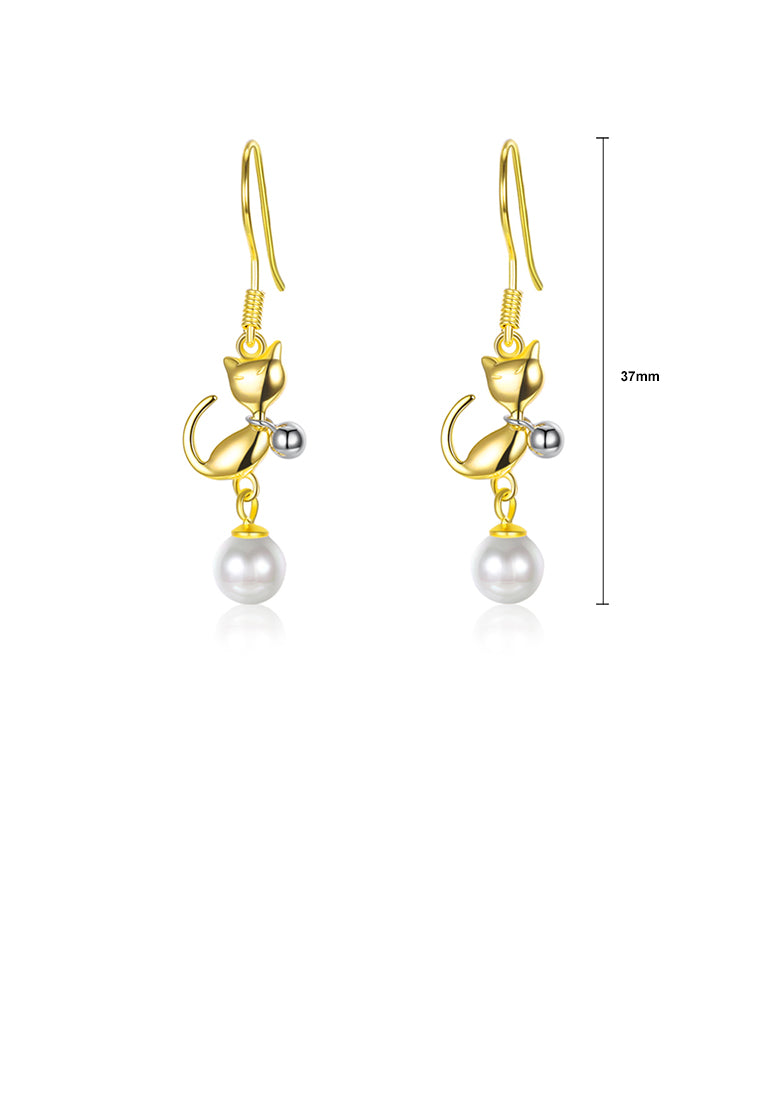 925 Sterling Silve Gold Plated Elegant Fashion Cute Cat Pearl Earrings - Luxurious Look