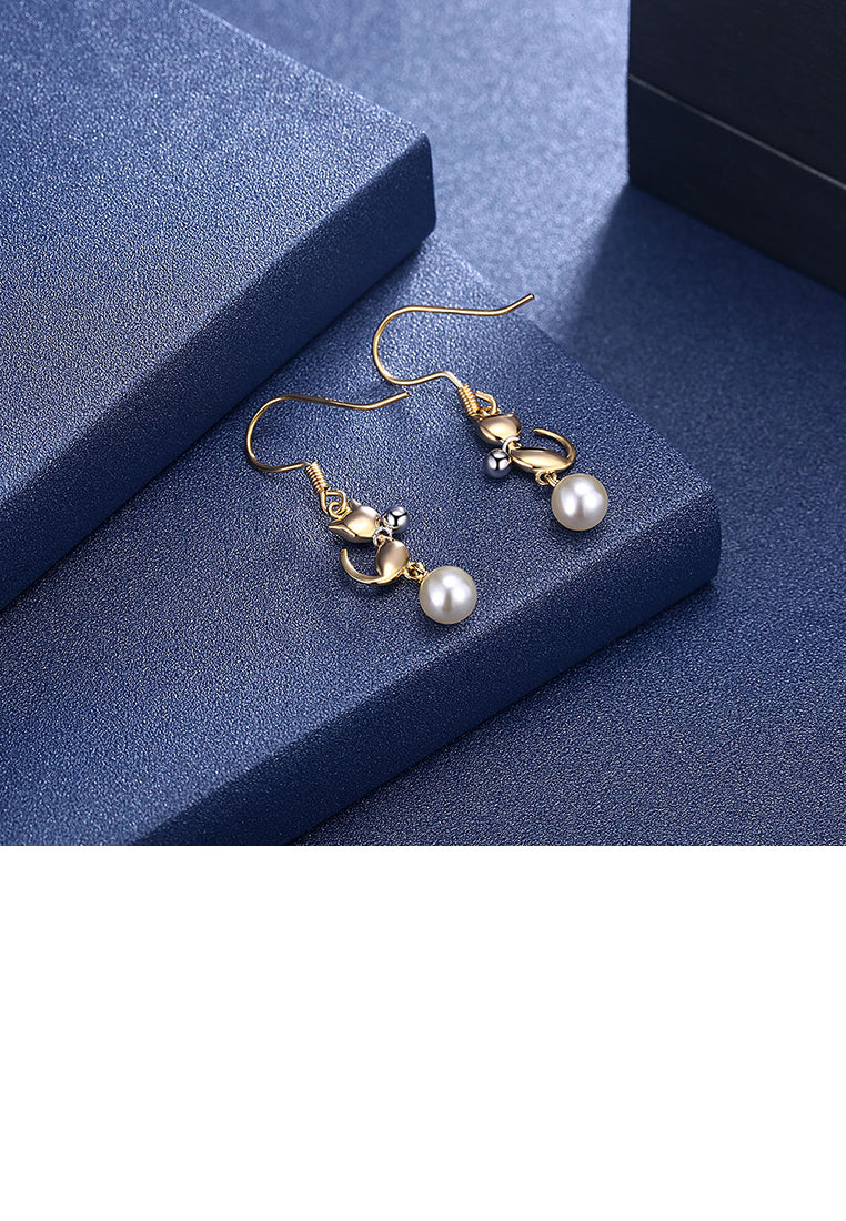 925 Sterling Silve Gold Plated Elegant Fashion Cute Cat Pearl Earrings - Luxurious Look