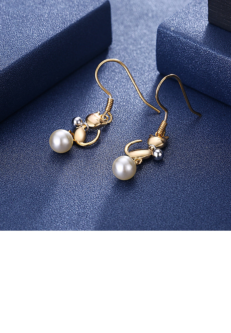 925 Sterling Silve Gold Plated Elegant Fashion Cute Cat Pearl Earrings - Luxurious Look
