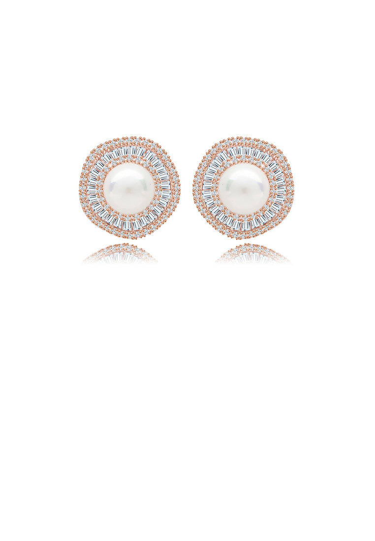 Fashion and Elegant Plated Rose Gold Geometric Round Imitation Pearl Stud Earrings with Cubic Zirconia - Luxurious Look