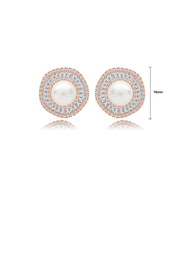 Fashion and Elegant Plated Rose Gold Geometric Round Imitation Pearl Stud Earrings with Cubic Zirconia - Luxurious Look