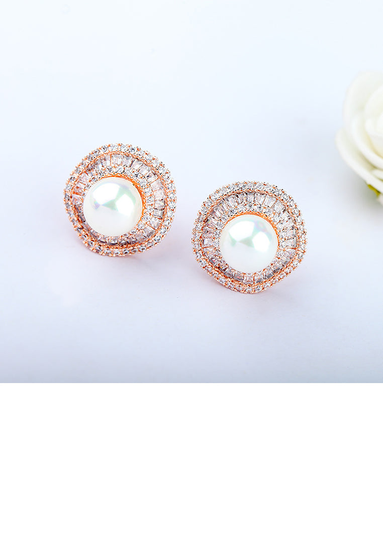 Fashion and Elegant Plated Rose Gold Geometric Round Imitation Pearl Stud Earrings with Cubic Zirconia - Luxurious Look
